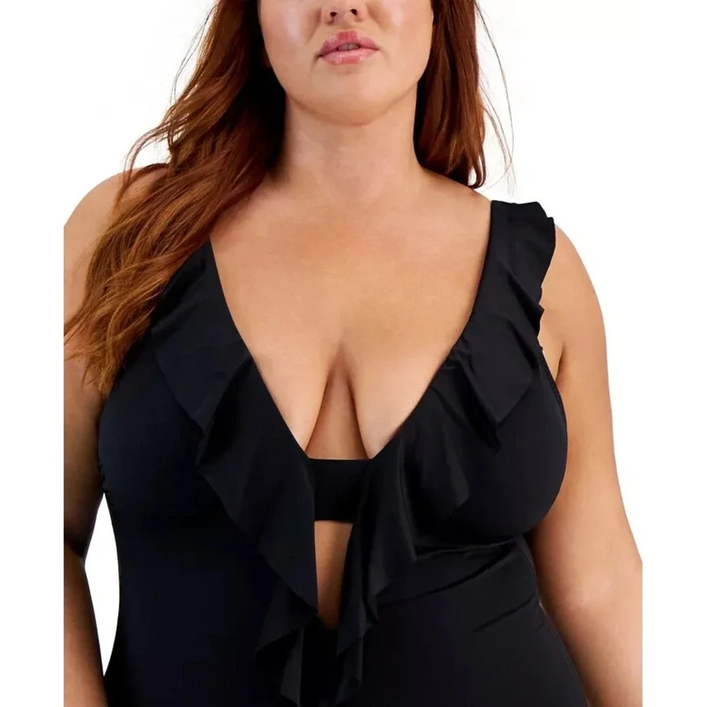 Becca ETC Color Code Ruffled One Piece Swimsuit Black Plus Size 2X‎ 20 22